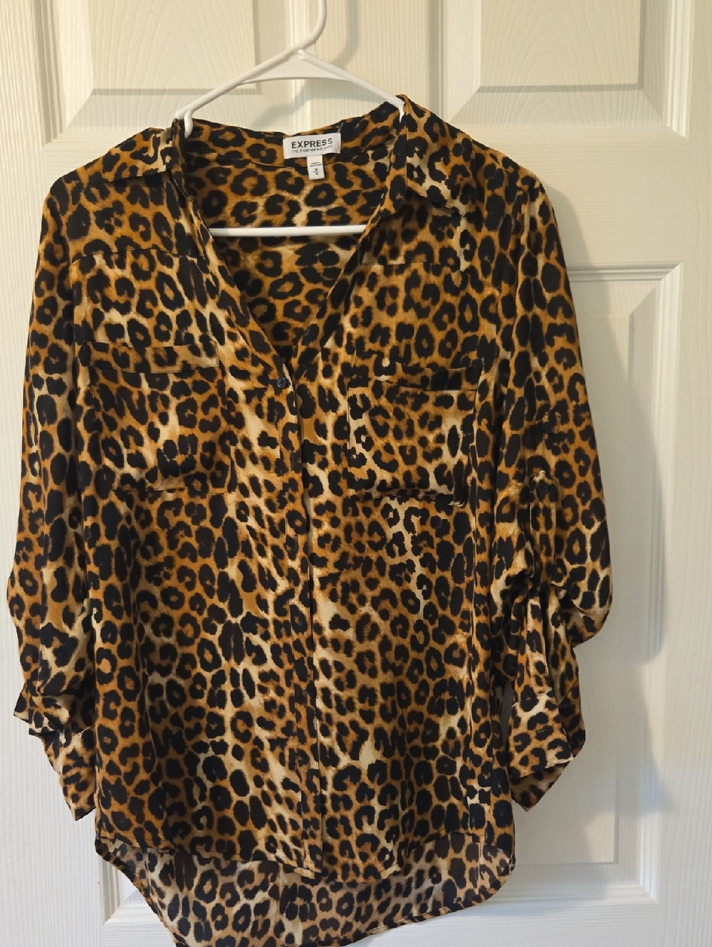 Express Leopard Print Button-Down Blouse - Brown/Black